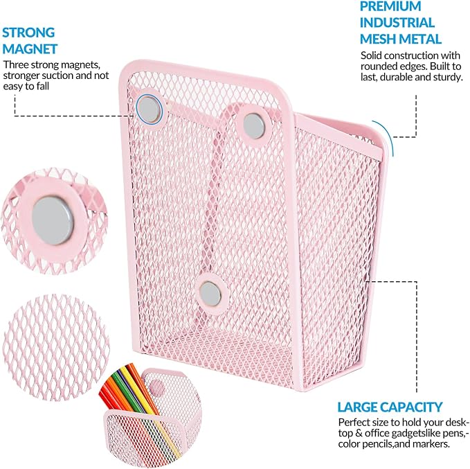 LUCYCAZ Magnetic Pen Holder - Single Magnetic Pencil Locker Holder Organizer, Pink Mesh Marker Holder Pen Basket for Whiteboard, Refrigerator and Locker | Mesh Marker Holder Pen Basket for Whiteboard, Refrigerator and Locker (Pink)