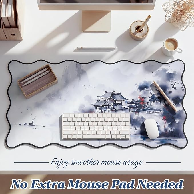 Kingdder Scalloped Japanese Desk Mat Large Aesthetic Ink Mouse Pad 31.5" x 15.7" Chinoiserie Nonslip Rubber Base Keyboard Pad for Laptop Gaming Office Computer Dorm Home