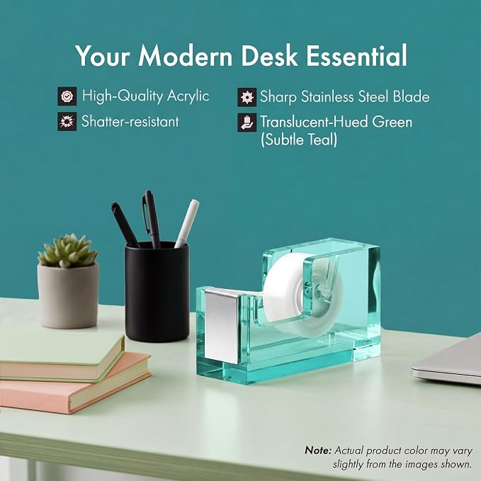 OfficeGoods Acrylic Tape Dispenser, Aesthetic and Compact Design, Green | Modern desk accessory for office, Heavy duty refillable tape holder for crafting, Stylish desktop accessory for gift wrapping