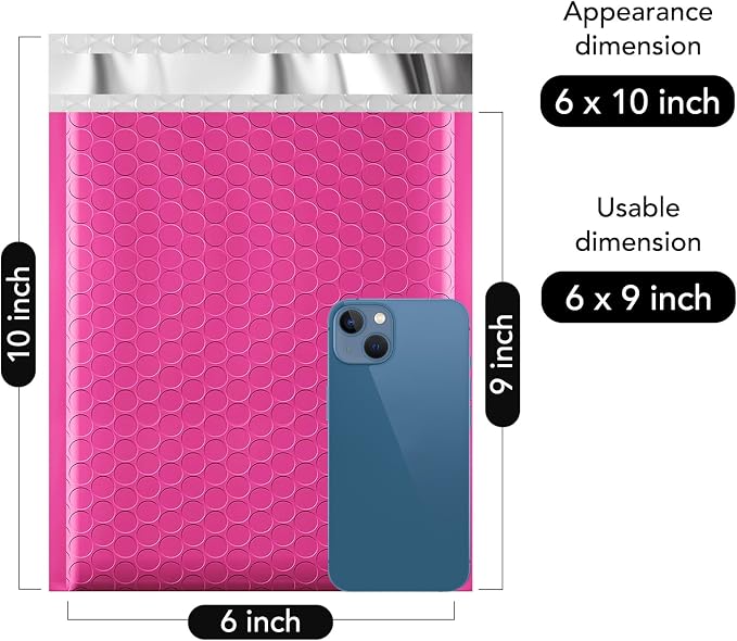 Fuxury Bubble Mailers 6x10” 500 Pack Usable Size 6x9" Padded Envelopes Bulk | Self Seal Padded Mailers Waterproof Cushioned Shipping Bags for Jewelry, Makeup, Cards & Small Business, #0 Pink