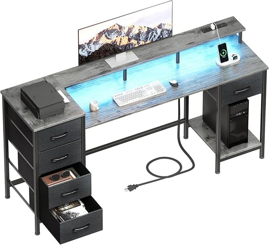 55 Inch Gaming Desk with Power Outlets and LED Lights, Reversible Computer Desk with 5 Fabric Storage Drawers, Home Office Desk with Monitor Stand for Working Writing Study, Grey