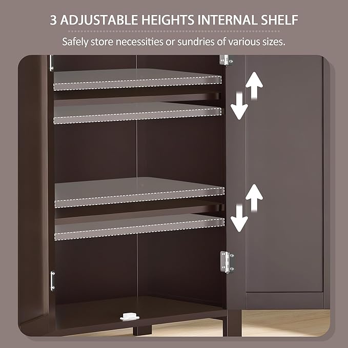 SUPER DEAL Modern Bathroom Floor Storage Cabinet with Adjustable Shelf and Double Door Rust Proof, Living Room Modern Home Furniture Storage Organizer Cabinet, Brown