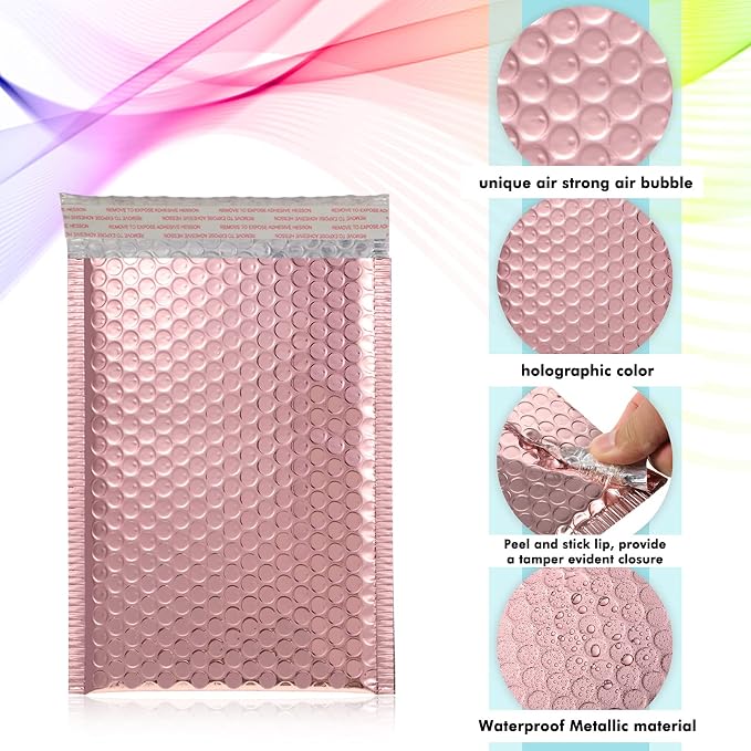 50 Pieces Bubble Mailers 3 Sizes Self Seal Adhesive Poly Mailers Metallic Foil Glitter Padded Shipping Bubble Envelopes for Valentine Mailing Packing Small Business (Rose Gold)