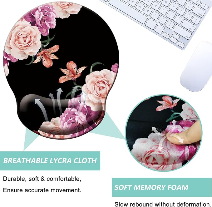 Mouse Pad with Wrist Support, Ergonomic Mouse Pad with Memory Foam Wrist Rest Cushion, Non-Slip Rubber Base Gaming Mice Pad for Home Office Computer Laptop, Flowers Pink