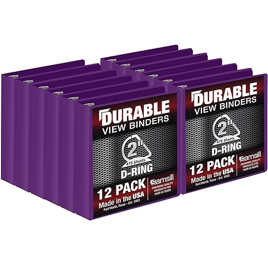 Samsill Durable 2 Inch Binder, D Ring Binder, Customizable Clear View Cover, Purple, 12-Pack, Holds 475 Pages