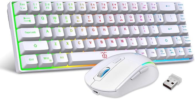 Snpurdiri 60% Wireless Gaming Keyboard and Mouse Combo, White | LED Backlit Rechargeable 2000mAh Battery,Mini Gaming Anti-ghosting Keyboard +Popular RGB Gaming Mice for PC Gamer