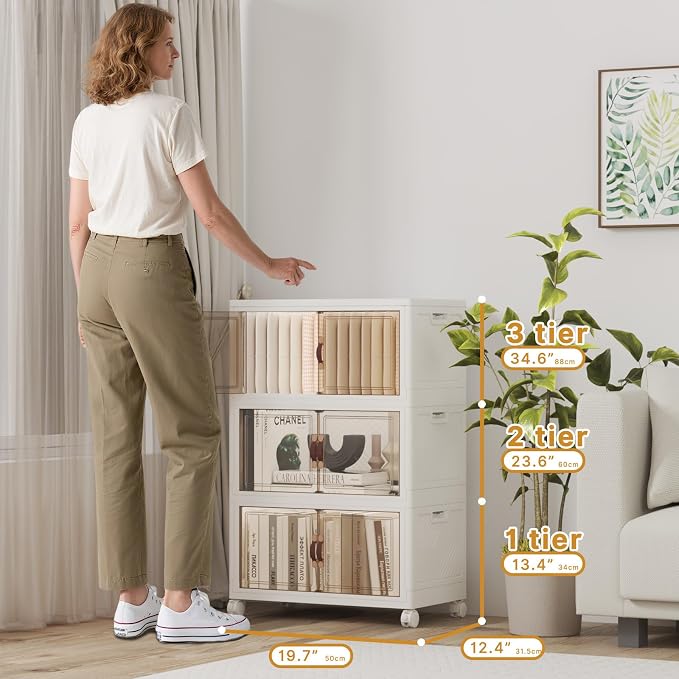 156QT Stackable Storage Bins with Lids,Doors & Wheels | Closet Organizers and Storage Cabinet, Lockable Plastic Foldable Drawers for Bedroom Dorm Office Garage（52QT*3,White）