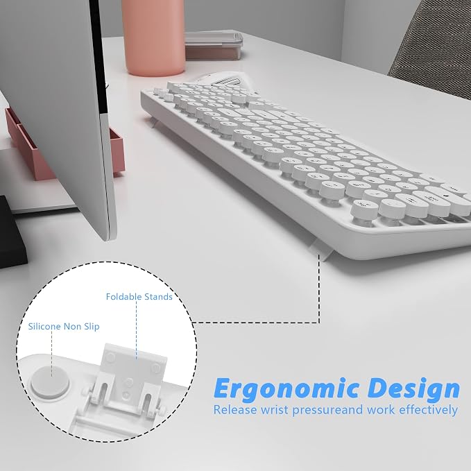 Wireless Keyboard Mouse Combo,104 Keys Cute Colorful Typewriter White | Full Size With Number Pad & Mouse,Compatible With All Windows,Ideal For Windows,1600DPI,Computer, PC, Notebook, Laptop