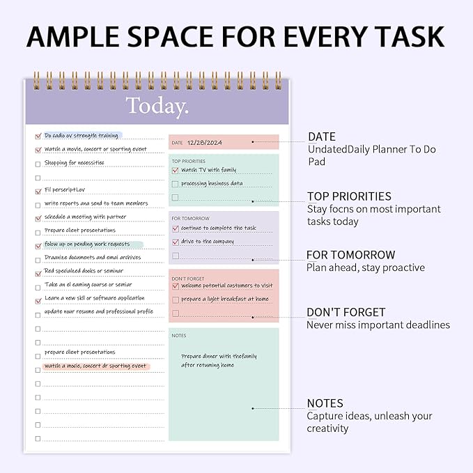 KMQOY To Do List Notepad - 3 Pack Daily Planner Pad Undated 52 Sheets Spiral Today Planner Note Pad Premium Thick Paper 6.5" x 9.8" For Work and Personal Organized(Purple)