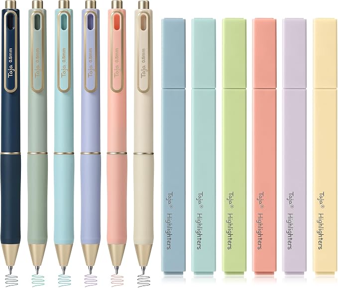 Taja 12 Pack Bible Highlighters and Pens Set, No Bleed and Quick-Drying | 6 Pastel Chisel Tip Highlighters and 6 Multicolor Ink Pens for Bible Study, Journaling, School and Office Supplies