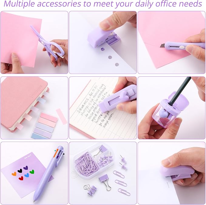 Purple Mini Office Supply Kit Mini School Supplies Desk Accessory Set Includes Mini Stapler Pencil Sharpener Staple Remover Hole Punch Ballpoint Pen Scissor Box Cutter Paper Clips Sticky Index Tabs