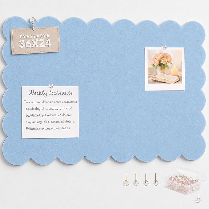 Scalloped Felt Bulletin Board 36x24 Inches, Blue Wall Pin Board | Self Adhesive Vision Board for Bedroom Dorm Classroom Office, Large Memo Display, Felt Cork Board Alternative