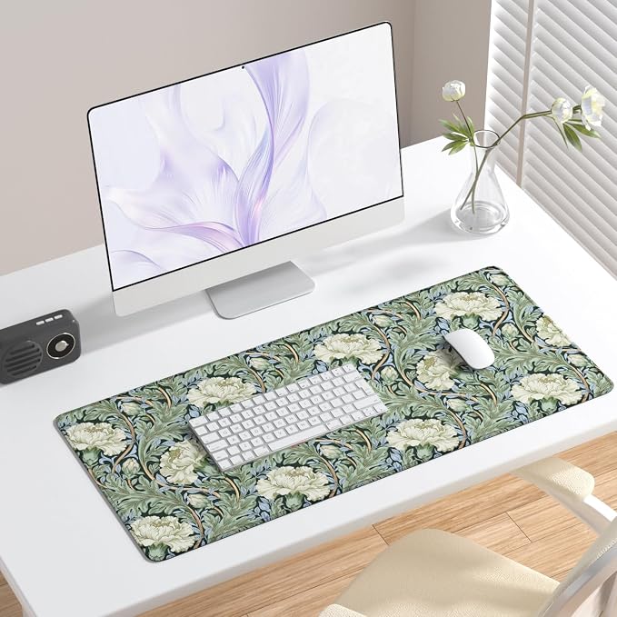 Desk Mat, Large Gaming Mouse Pad, 32" x 12", White Retro Floral | Waterproof Desk Pad, Non-Slip Rubber Base, Desktop Mat with Stitched Edges, Desk Accessories for Office, Work, Home