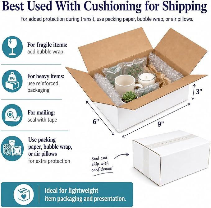 40 Pack Small Shipping Boxes 9x6x3 Inches | White Corrugated Cardboard, Box for Packaging Small Business Mailing Storage Moving, Easy Assemble