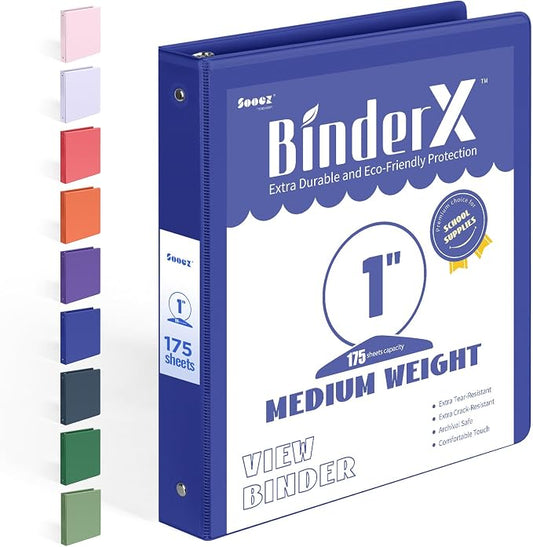 BinderX Extra Durable 3 Ring Binder, Round Rings 1 Inch Binder | Fits 175 Sheets of 8.5x11 Paper, Customizable View Cover with Inside Pockets, Cute 1" Binders, 1 Inch 1 Pack, Royal Blue