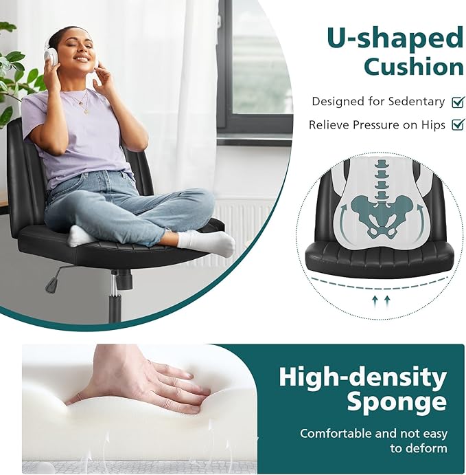 OLIXIS Criss Cross Chair, Vanity Chair, Home Office Desk | Armless No Wheels Wide Seat, Height Adjustable Swivel, Padded PU Leather, Bedroom Student Study, Black Dual Base