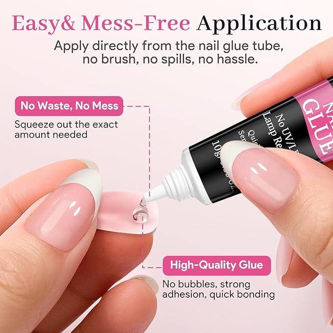 No-Lamp Nail Glue & Remover Set for Press Ons, 10ml Quick Dry 28 Days Super Strong Hold Glue on Nails, 10g Gentle Easy Removal with Tools Set for Beginner DIY Home, Not for Gel Polish Base Coat