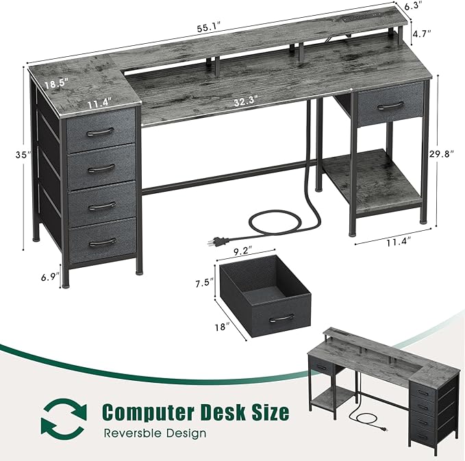 55 Inch Gaming Desk with Power Outlets and LED Lights, Reversible Computer Desk with 5 Fabric Storage Drawers, Home Office Desk with Monitor Stand for Working Writing Study, Grey