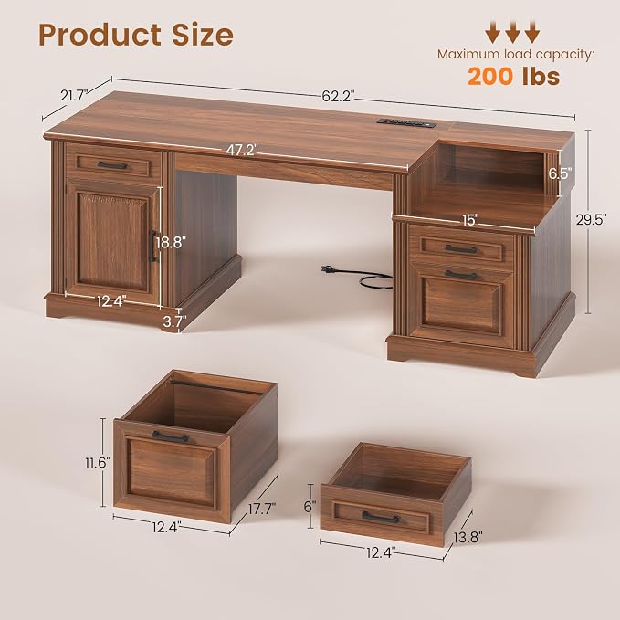SEDETA Farmhouse Executive Desk, 62'' Home Office Desk with File Drawers, 3Drawer and Storage Cabinet, Computer Desk with Power Outlet for Home Office, Work Study Writing, Walnut