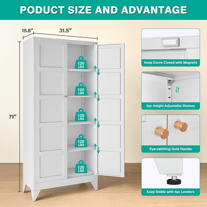 Pantry Storages Cabinet with 2 Doors and 5 Shelves,Tall Storage Cabinet,Large Cupboard Closet,Metal Storage Cabinet for Home,Bathroom,Dining/Living Room (White, 71" H)