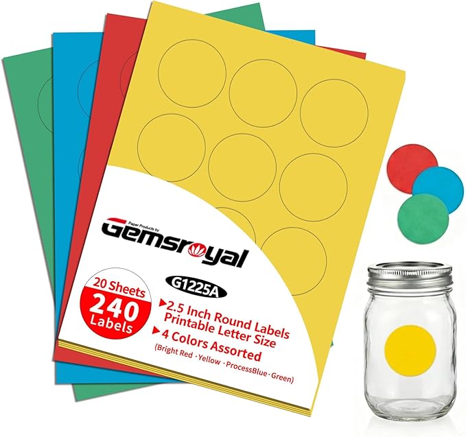 2.5 inch Colored Round Labels Printable,Neon Circle Labels for Inkjet & Laser Printer,4 Fluorescent Colors Assorted,2.5" Diameter Colorful Custom Round Stickers,240 Stickers in Total