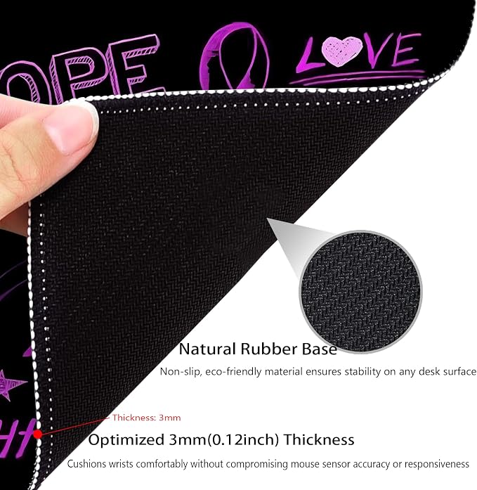 Breast Cancer Awareness Hope Love Fight Mouse Pad, Black Purple Desk Mat | Cute Mousepad Stitched, Anti-Slip Base Smooth Surface, 9.5 x 7.9 Inches