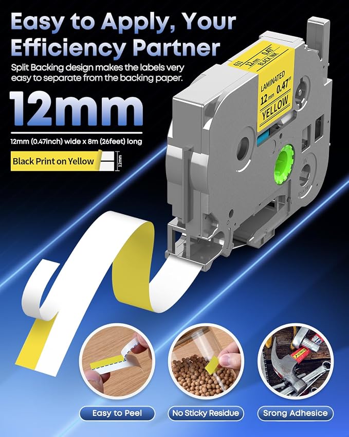 TZe TZ Tape 12mm 0.47 Laminated Yellow TZe-631 Replace for Brother TZE631 | Black on Yellow Label Maker Tape 1/2" P-touch Tape for Brother Ptouch PT-D220 D210 H110 D200 D400 1280 D610BT Refills, 5-Pack