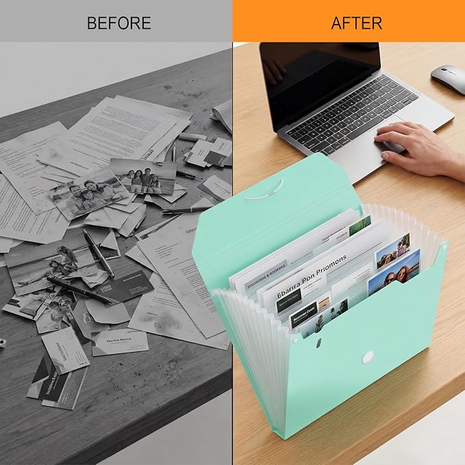 Comix Accordion File Organizer, 13 Pocket, Green | Expanding File Folder, A7/Letter Size Documents, Includes Labels, For Office, Home, School