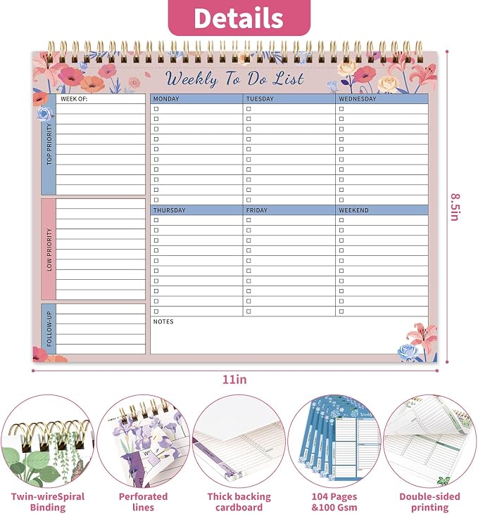 104 Pgs Weekly To Do List Notepad 52 Duplex-Printed Undated Sheets 100 GSM | （8.5"×11") Weekly Desk Planner For Work Home School Office Desk Accessories Supplies & Goal Setting Tasks -Pink Floral