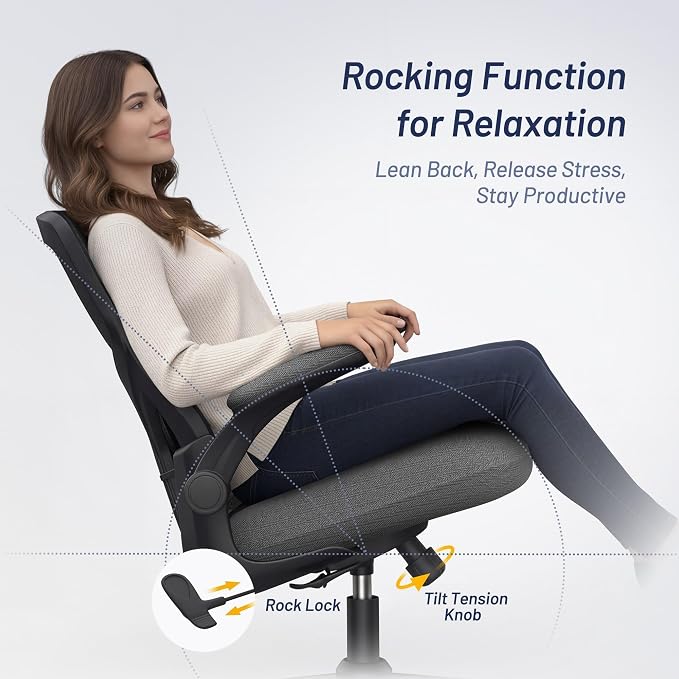 Office Desk Chair for Long Hours & Back Pain Relief – 4“ Thick Molded Foam Cushion, Enhanced Lumbar Support, Padded Flip-up Armrests, Ideal for Office or Study, Dark Gray