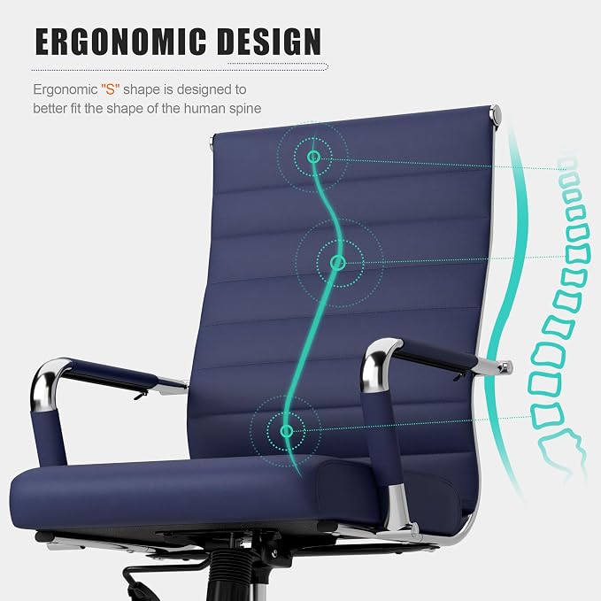 Okeysen Office Desk Chair, Ergonomic Leather Modern Conference Room Chairs, Executive Ribbed Height Adjustable Swivel Rolling Chair for Home Office Set of 1. (Blue)