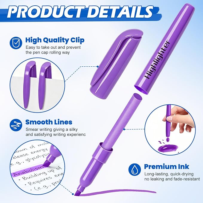 Duchong Highlighters, 30 Packs Purple Highlighter Bulk, Chisel Tip Dry-Quickly No Bleed Highlighter Markers for Adults Kids, Office Classroom Must Have, School Supplies for Teachers