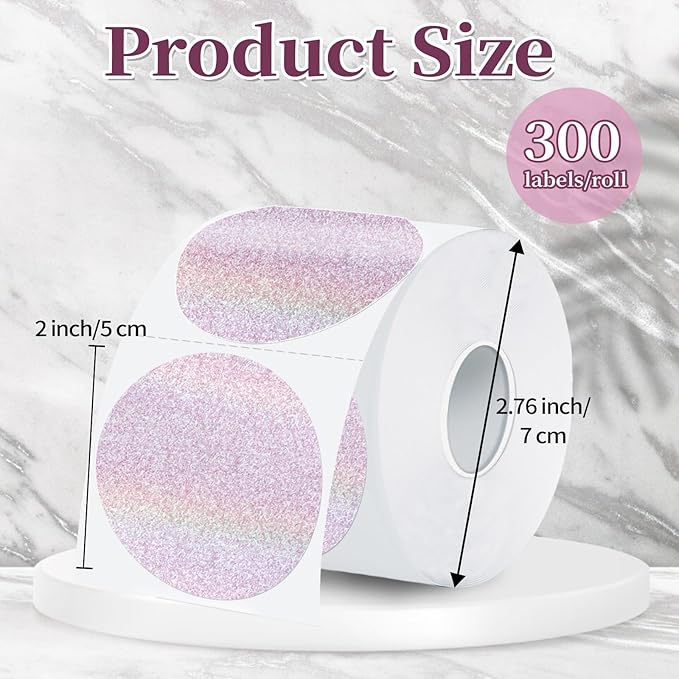 2 Inch Holographic Thermal Labels,Pink Round Thermal Printer Labels,Printable Round Thermal Printer Labels Self-Adhesive Direct Thermal Label(300 Labels/Roll Pink)