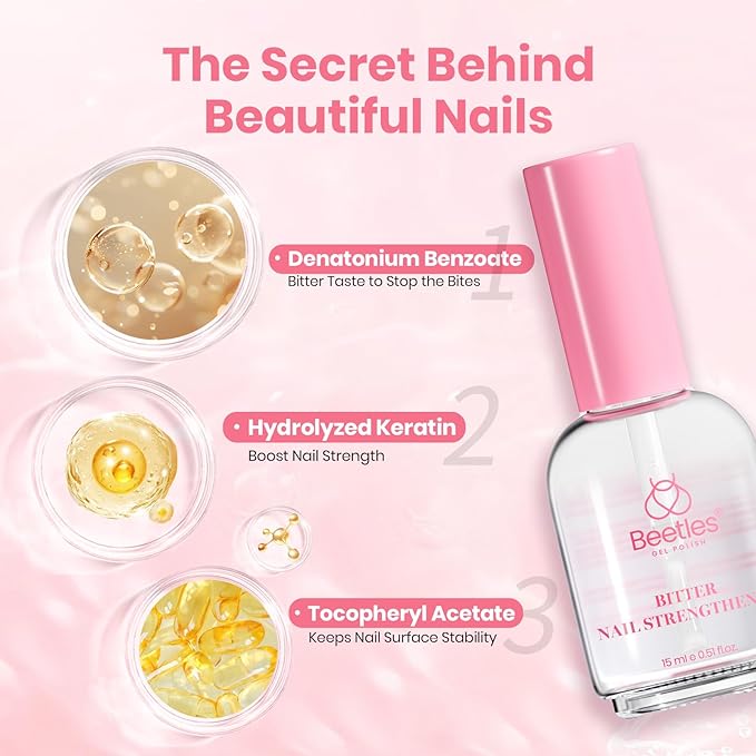 Beetles Bitter Nail Strengthener for Nail Biting - Air Dry Nails Biting Treatment Clear No Bite Polish for Weak, Thin and Damaged Nails Strengthener and Growth, Gently Discourage Bite 0.5 fl oz