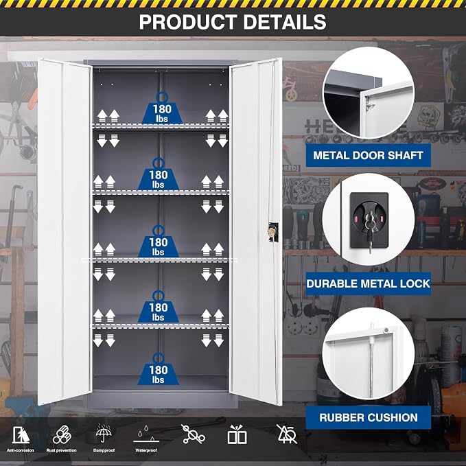 Fesbos Metal Storage Cabinet-72” Tall Steel File Cabinets with Lockable Doors and Adjustable Shelves-White&Gray Steel Storage Cabinet for Home Kitchen, Office, Garage
