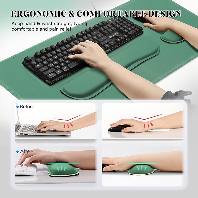 Gimars 4 in 1 Mouse Pad and Keyboard Wrist Rest Set, Large Mouse Pad with Memory Foam Wrist Support Pad for Desk with Coaster, Easy Typing Pain Relief, Gaming Office Home, 31.5x12 inch, Dark Green