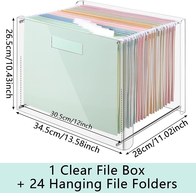 Dispowreath 24 Hanging File Folders Acrylic Desktop Organizer,Colorful | Clear Acrylic Box with Handles, Letter A4 Compatible, Colorful Tab Labels Included, for Classroom Office,Back to School