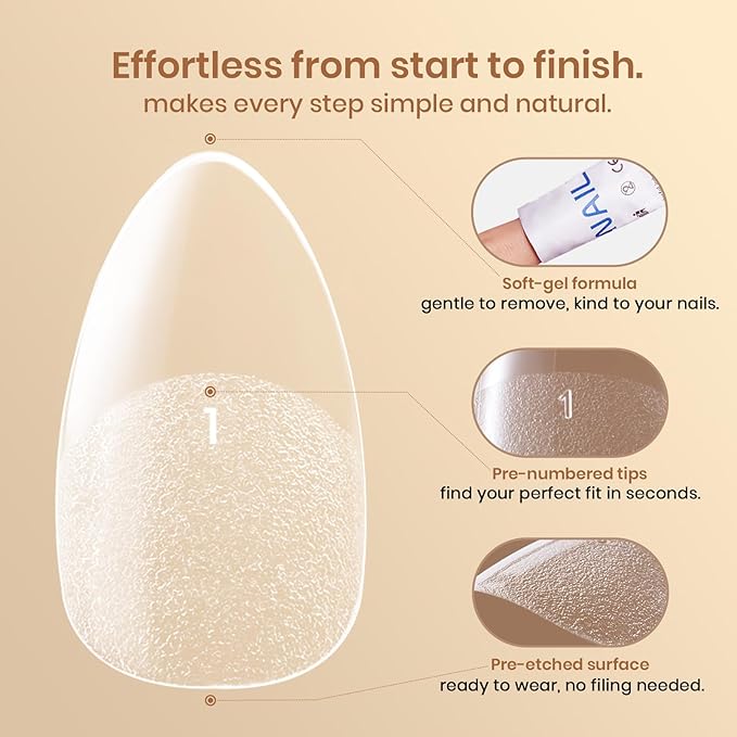 Beetles Short Almond Nail Tips, 320pcs 16 Sizes(00-14), Pre-Etched Half-Matte Full Cover Soft Gel Nail Tips Flat-X, Clear Press On False Nail Supplies, Easy DIY Nail Extension Salon Gift for Women