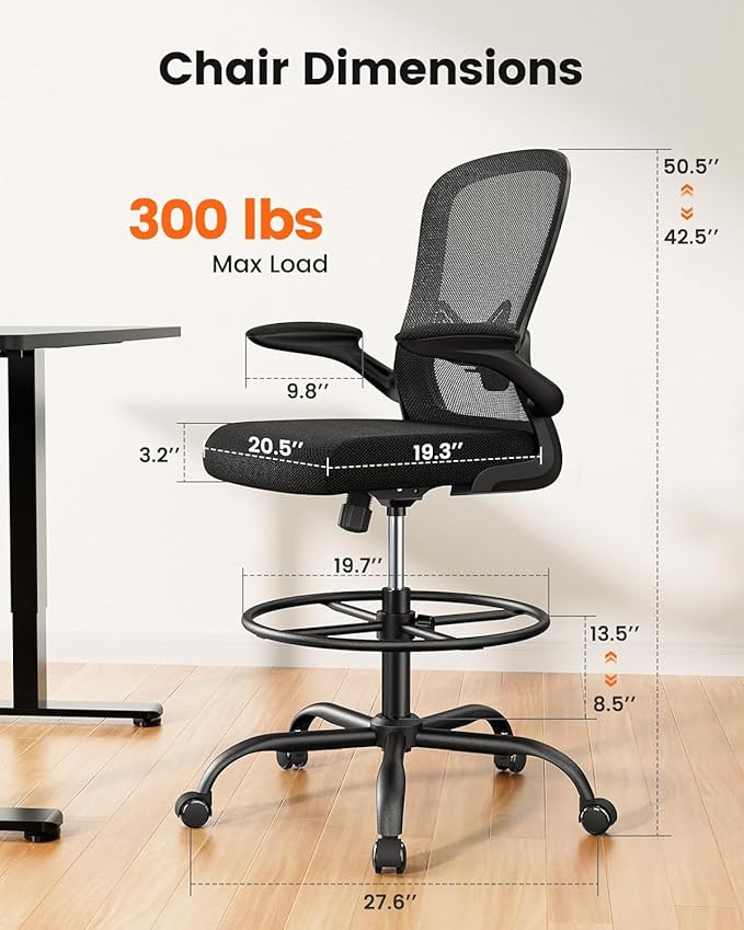 ErGear Drafting Chair, Standing Desk Chair with Flip-Up Armrests, High Desk Chair Adjustable Height, Ergonomic Tall Office Chair with Lumbar Support and Adjustable Footrest Ring,6 Pack