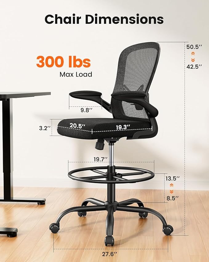 ErGear Drafting Chair, Standing Desk Chair with Flip-Up Armrests, High Desk Chair Adjustable Height, Ergonomic Tall Office Chair with Lumbar Support and Adjustable Footrest Ring,3 Pack
