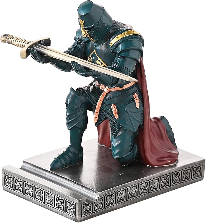Medieval Templar Vanguard Officer Knight Pen Holder Desk Organizers Green | Pencil Stand Paperweight Desktop Decoration Accessories Cell Phone Stand with a Fancy Sword for Medieval Warrior Enthusiast