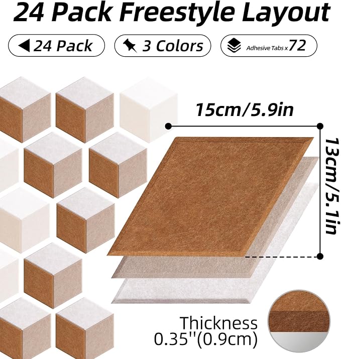 24 Pack Rhombus Felt Bulletin Board Tiles, Mocha Mist | Cork Board Alternative for Walls Decor with 72 Adhesive Tabs, Felt Pin Board for Classroom Home Office Vision Board