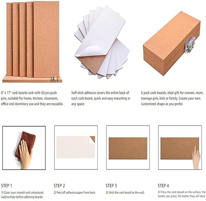 Lyellfe 6 Pack Cork Bulletin Board, 17"x8"-1/2" Thick Self-Adhesive Cork Boards, Frameless Cork Tiles with 50 Push Pins for DIY, Office, School and Home Decor