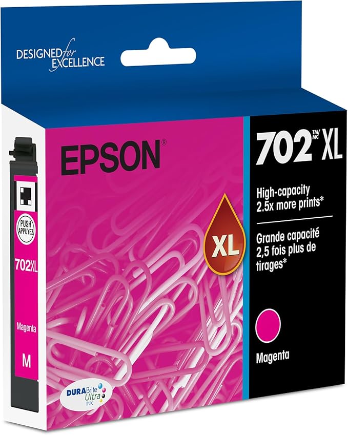 EPSON 702 DURABrite Ultra Ink High Capacity Magenta Cartridge (T702XL320-S) Works with WorkForce Pro WF-3720, 3730, 3733