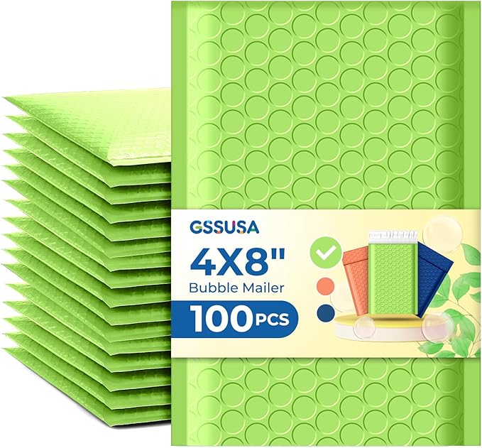GSSUSA Green Bubble Mailers 4x8 100 Pack, Self Seal Padded Envelopes | Usable Size 4x7, Waterproof, Opaque, #000, Bulk Mailing Bags For Cards, Jewelry, Gifts, Accessories, Online Sellers