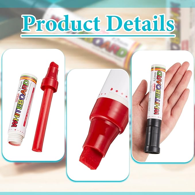 4 Packs Extra Thick Dry Erase Markers Fine Point White Board Markers Dry Erase 12 mm Big Nib Erasable Pens for Glass, Window, Black Board, Mirror, Assorted Colors