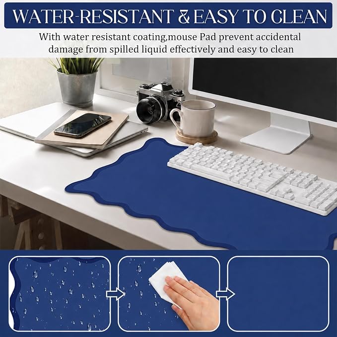 Hahafelt Scalloped Desk Mat Waterproof,Navy Blue,31.5 X 15.8 Inches | Coquette Preppy Style for School Office Makeup Vanity, Nonslip Gaming Desktop Protector with Scalloped Stitched Edge Mat