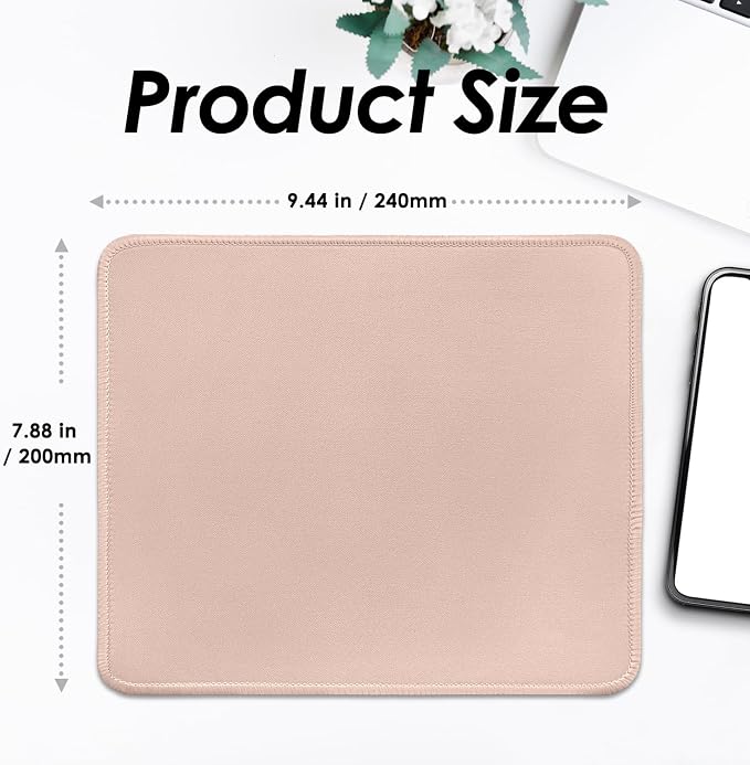 FROGIGO Mouse Pad with Stitched Edges - Solid Color Mousepad for Women, 9.25 x 7.75 inch Washable Square Desk Pad, Non-Slip Rubber Base, Office Home Laptop Accessories - Sakura Pink