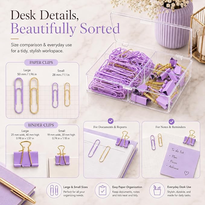 Paper Clips and Binder Clips Set, Purple & Gold, Assorted Size Clips