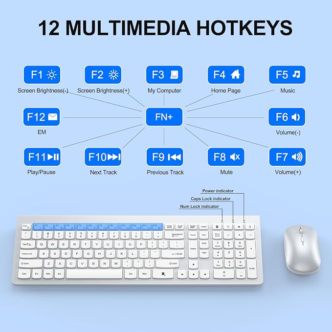 QUASIO Ultra Slim Wireless Keyboard and Mouse Combo,2.4G Lag-Free(Silver) | Full Side,Quiet Scissor-Switch Keys,Auto Sleep,Silent Clicks,3 Adjustable DPI,Ergonomic Design,Computer/Laptop/PC/Mac/Windows